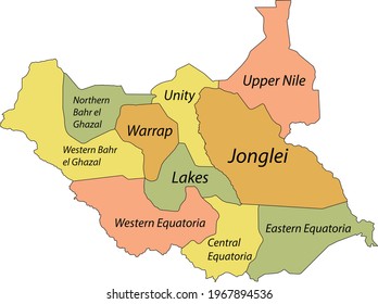 Pastel-Vektorkarte der Republik Südsudan mit schwarzen Grenzen und Namen ihrer Staaten