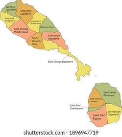 Pastel vector map of Saint Kitts and Nevis with black borders and names of it's parishes