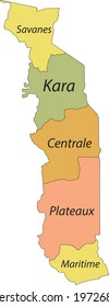 Pastel vector map of the Togolese Republic with black borders and names of its regions