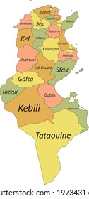 Pastel vector map of the Tunisian Republic with black borders and names of its governorates