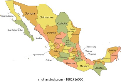 Pastel vector map of United Mexican States with black borders and names of it's states