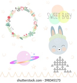 Pastel vector objects for the baby pattern or baby room. Wreath of flowers, bunny, planet, text