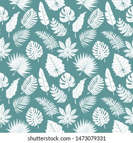 Pastel vector pattern Blue seamless tropical background Monstera leaves wallpaper Palm leaf.