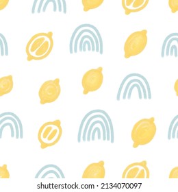 Pastel vector pattern on a white background with lemons and rainbows on a white background. Children's watercolor print on the theme of food and spring for textiles, toddlers, wrappers, postcards