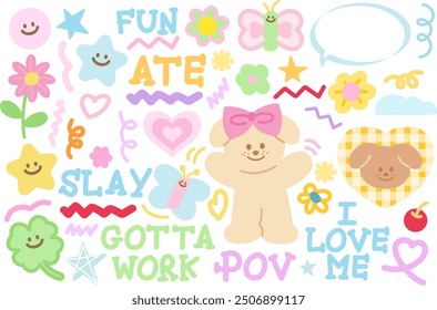 Pastel vector of puppy, clover leaf, star, flower, heart, butterfly, girl power text and message for decoration, animals, emoji, cute sticker set, cartoon character, patches, kid doll, plush toy, logo