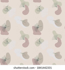 Pastel vector seamless pattern with ginkgo leaves and berries. Abstract lines and points, white and brown splashes . Light shades of green, burgundy, and beige. Delicate wallpaper. Linart.