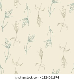 Pastel vector seamless pattern with hand drawn flower bud on the stem