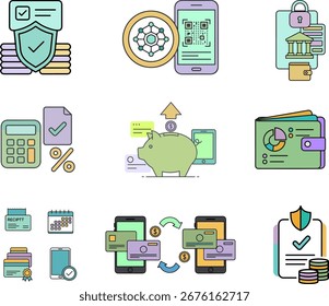 Conjunto de Vectores Pastel que cubre banca digital, transferencias de dinero, pagos, ahorros y autenticación segura para la interfaz de usuario y marketing de fintech.