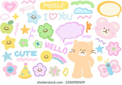 Pastel vector of teddy bear, cat, clover leaf, star, flower, apple, butterfly for greeting card, decoration, animals, cute sticker set, cartoon character, patches, kid doll, plush toy, pet shop, fruit