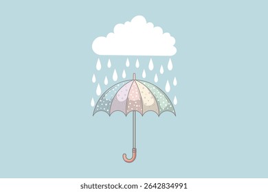 Guarda-chuva de vetor pastel com gotas de chuva, design plano conceito dia chuvoso, desenho animado estilo arte adequada para gráficos de jardim de infância, decoração de parede e fundos da web

