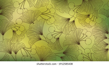 Pastel vector watercolor background of ginko leaves and berries. Cottage core linart. Alternative medicine and homeopathy. Japanese culture and the symbol of Tokyo.