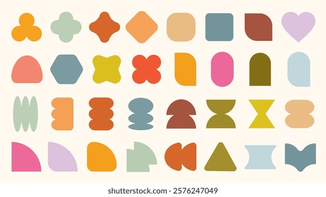 Pastel vectors. Colorful abstract shapes in various geometric forms. Shapes include circles, squares, and triangles. Bright colors enhance the geometric shapes' appeal. Pastel elements, vector set.