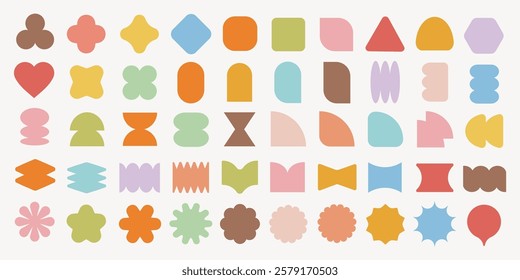 Pastel vectors. Colorful abstract shapes in various forms and sizes. Shapes include circles, squares, and triangles. Bright and vibrant shapes create a playful design. Pastel elements, vector set.