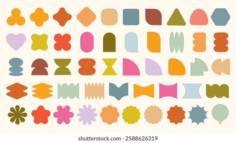 Pastel vectors. Colorful abstract shapes in various forms and sizes. Geometric shapes, abstract shapes, and colorful designs. Shapes include circles, squares, and triangles. Pastels, vector set.