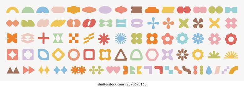 Pastel vectors. Colorful geometric shapes in a variety of styles. Shapes include circles, squares, triangles, and more. Bright and vibrant geometric patterns. Pastel elements, vector set.