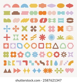 Pastel vectors. Colorful geometric shapes in forms, including circles, triangles, and squares. Bright geometric shapes arranged in a playful pattern. Abstract geometric shapes. Pastels, vector set.