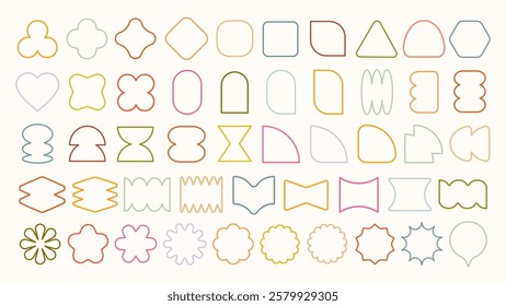 Pastel vectors. Colorful outline shapes, including circles, squares, and triangles, arranged in rows. Geometric shapes, outline shapes, and colorful shapes on display. Pastel elements, vector set.