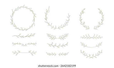 pastel vine decoration concept,botanical set hand draw styles clipart Set 7. Design for floral ornament cards, wedding style, Frames, borders, wreaths, leaves, cute, illustration, logo, woody vine.