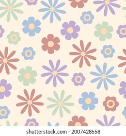 Pastel vintage floral seamless vector pattern. Minimalist, retro style simple flower illustration on soft neutral background. 60's and 70's, spring inspired design. Repeat wallpaper texture print.