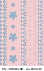 Pastel vintage motif with blue flowers on pink background, geometric stripes. Use for backgrounds, textiles, scrapbooking, product design.