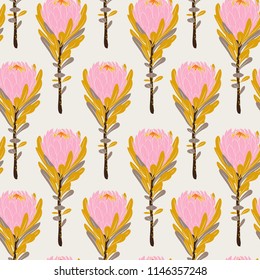 Pastel Vintage pink protea flowers in seamless pattern vector regular repeat for fashion ,fabric and all prints on light beige background color