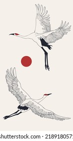 Pastel Vintage Poster. Hand Drawn Illustration With Cranes And Sun. Vector Background In Japanese Style For Decoration, Booklet Design, Typography.