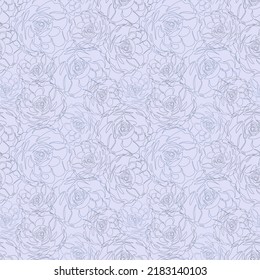 Patrón inmaculado pastel con flores. Papel de fondo, textura y fondo azul suave, sin fin, con estampado floral. Siluetas de rosas en un solo estilo continuo. Ornamento botánico dibujado a mano 