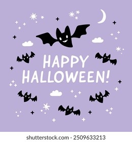 Pastel violet Happy Halloween greeting card. Cute flying bats on a lilac night sky background with stars, clouds and moon. Square social media post cover. Happy Halloween lettering.