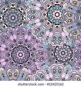 Pastel violet ornament with seamless pattern designed in oriental style. Wrapping-paper made with mandalas. Turkish, indian, eastern, chinese, pakistan, arabic cover design.