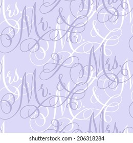 Pastel violet wedding seamless pattern with hand-written traditional words "Mr. and Mrs."