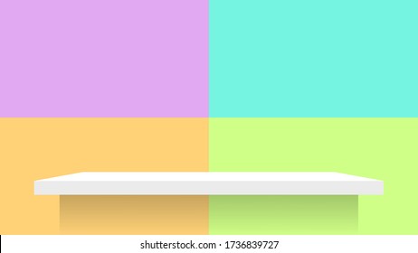 pastel wall mosaic tiles and plank shelf white for product display, simple wall square pattern and table shelves shelf for cosmetics, wall pastel soft, table plank on pastel color square shape