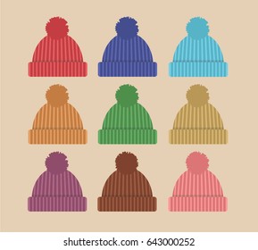 Pastel Warm Winter Hats, Set of 9 - Vector Illustration