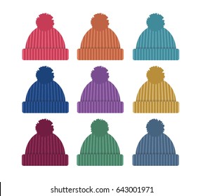 Pastel Warm Winter Hats, Set of 9 - Vector Illustration