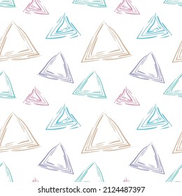 Pastel washed out different size triangles on white, seamless background. Pale geometric print. Abstract decorative vector pattern for textile, surface, graphic design.