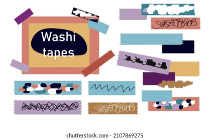 Pastel Washi tape set with different patterns, design. Scrapbooking collection, border banners isolated on white