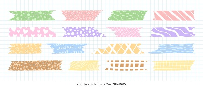 Pastel Washi Tapes set. Peças decorativas estampadas de fita adesiva. Elemento Scrapbooking para criar colagens digitais elegantes. Fitas de fita washi estampadas bonitas, fitas coloridas decorativas scotch