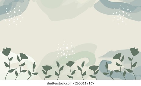 Pastel watercolor background with green silhouette floral and plant line art. Vector illustration