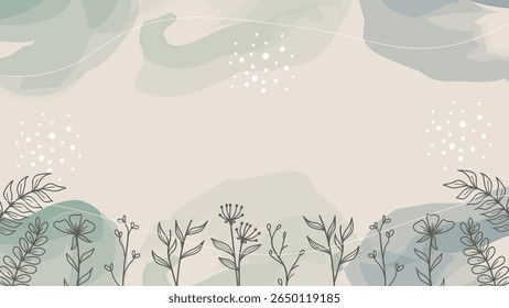 Pastel watercolor background with hand drawing floral and plant line art. Vector illustration