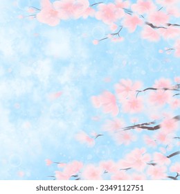 Pastel Watercolor blue sky and clouds with cherry blossoms frame wallpapers are suitable for those who want an artistic background.vector illustration.