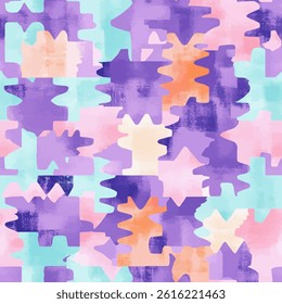 Pastel watercolor, colorful puzzle pieces with purple, pink, and teal colors, watercolor puzzle pieces seamless pattern. Watercolor print in rustic vintage style, textile or wallpaper.  