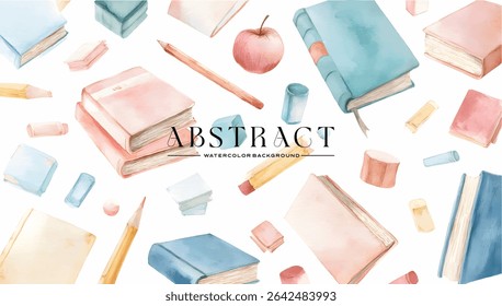 Pastel watercolor design of books, pencils, and erasers.