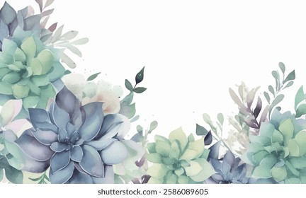 Pastel watercolor floral arrangement, with a mix of succulent plants and delicate flowers.