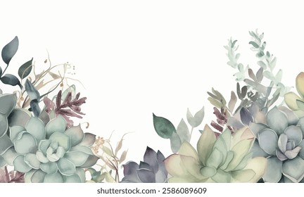 Pastel watercolor floral arrangement, with a mix of succulent plants and delicate flowers.