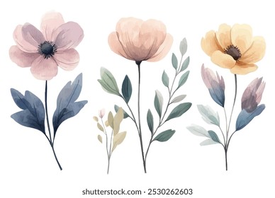 Ilustración floral de acuarela pastel, trío de flores silvestres con hojas