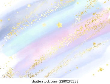 Pastel watercolour background with glittery gold stars and confetti