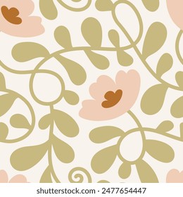 Pastellwellige Blumen nahtloses Muster. Netter kurviger botanischer Hintergrund mit eleganten sanften Blüten und Blättern. Wirbel Pflanzen. Vektorillustration wiederholen