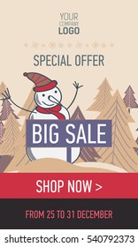 Pastel web banner big winter sale and special offer with trees, plate, snowman and shop now