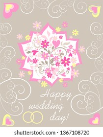 Pastel wedding greeting card with paper cutting applique with beautiful bouquet with daisy, pink hearts and wedding rings