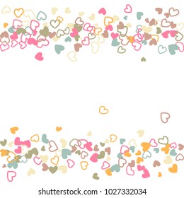 Pastel wedding invitation template border. Vector flying hearts border confetti with place for text. Valentine's day banner or card frame. Romantic border with hearts confetti flying for invitation.
