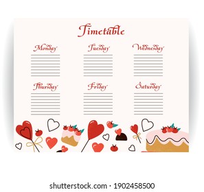 Pastel weekly calendar planner. Background consists of cake and hearts. Plan a week. Template information organizer. Empty school timetable. Empty to-do list. Planning the layout of the sheet.